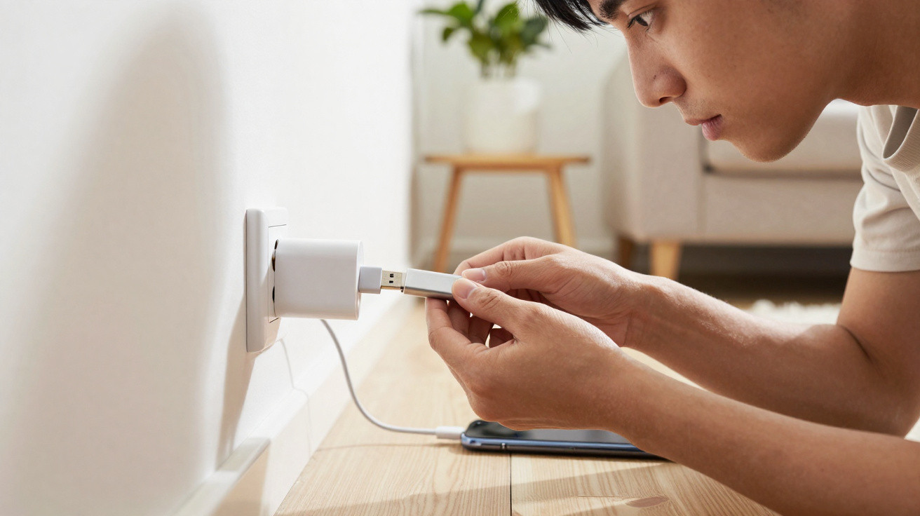 Homem conectando pen drive em carregador USB ligado à tomada na parede dentro de casa.