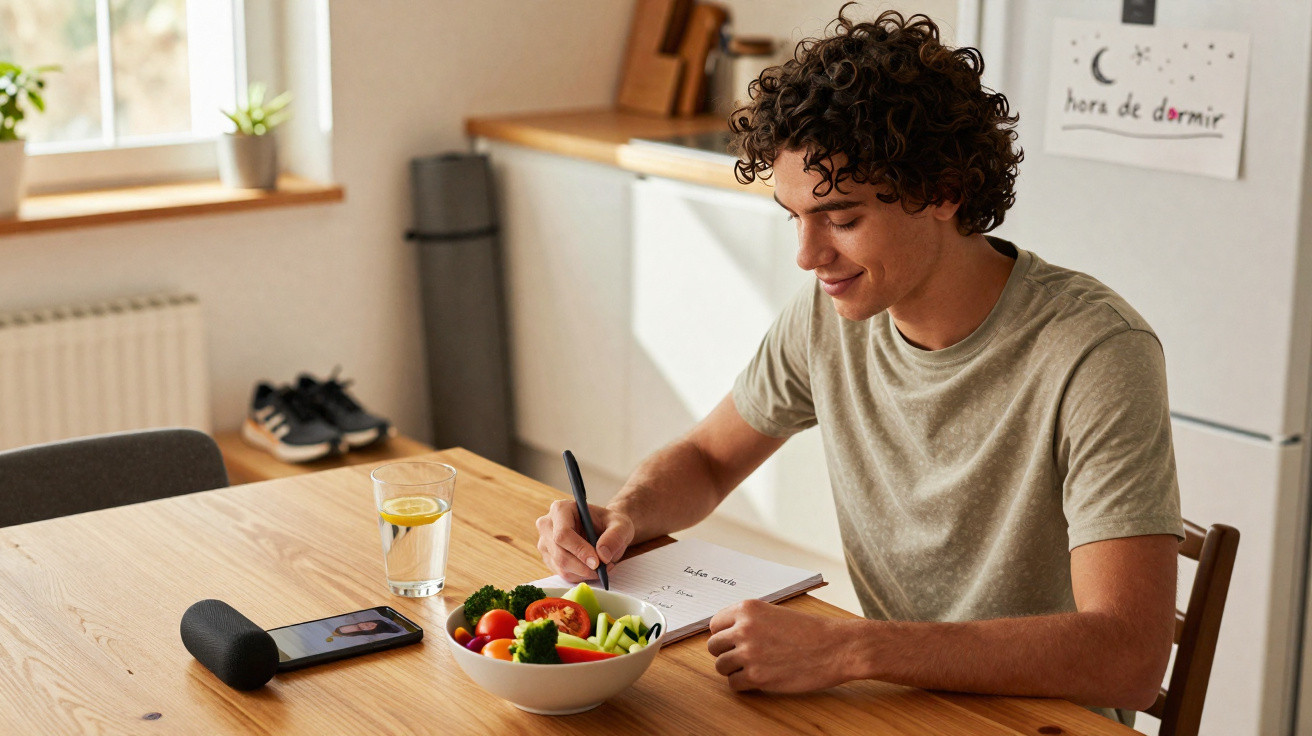 Jovem sentado à mesa escrevendo em caderno, com tigela de vegetais e copo de água com limão.
