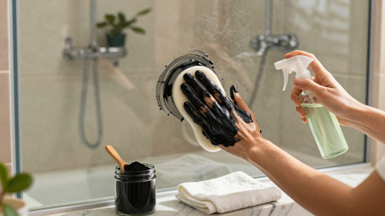 Mãos aplicando máscara preta facial com esponja na superfície de um vidro no banheiro.