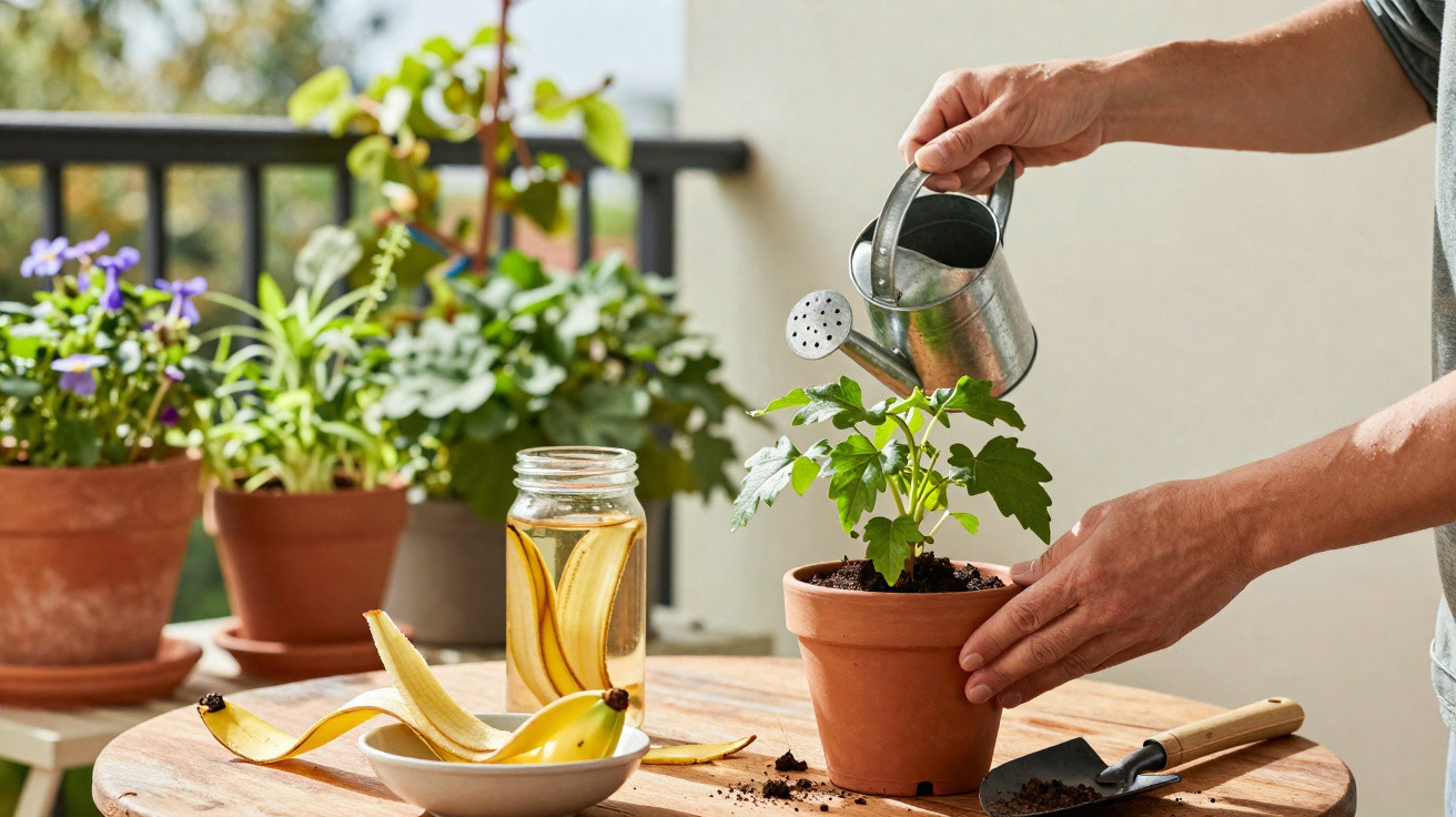 Pessoa regando muda em vaso de barro sobre mesa com outras plantas e objeto na varanda ensolarada.