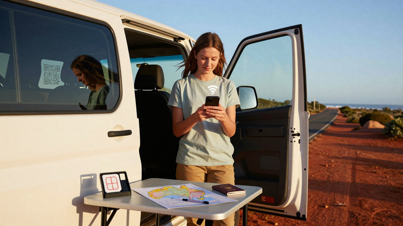 Mulher usando celular ao lado de van branca com mapa, passaporte e bússola sobre mesa em estrada deserta.