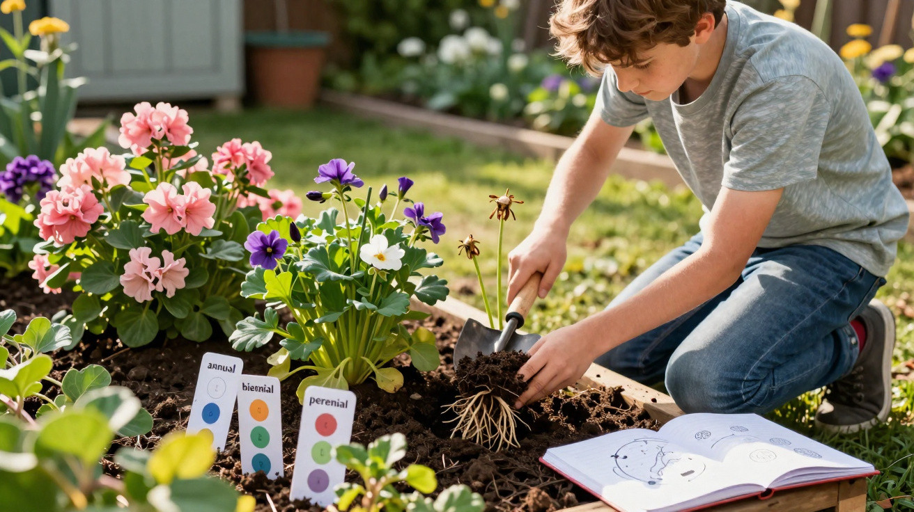 Menino plantando flores coloridas em canteiro de jardim ensolarado com livro aberto ao lado.