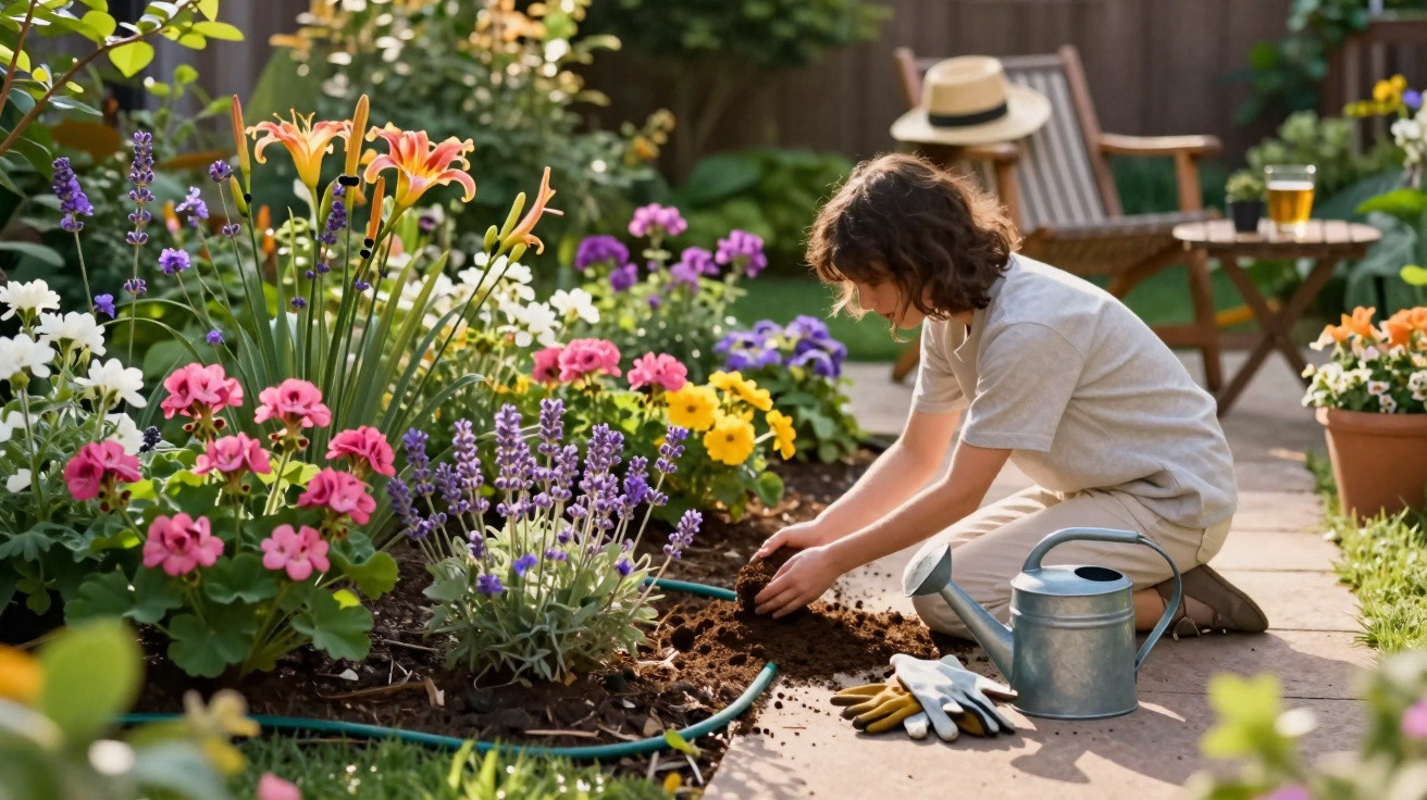 Criança plantando flores coloridas em jardim ensolarado com regador, luvas e cadeira de madeira ao fundo.