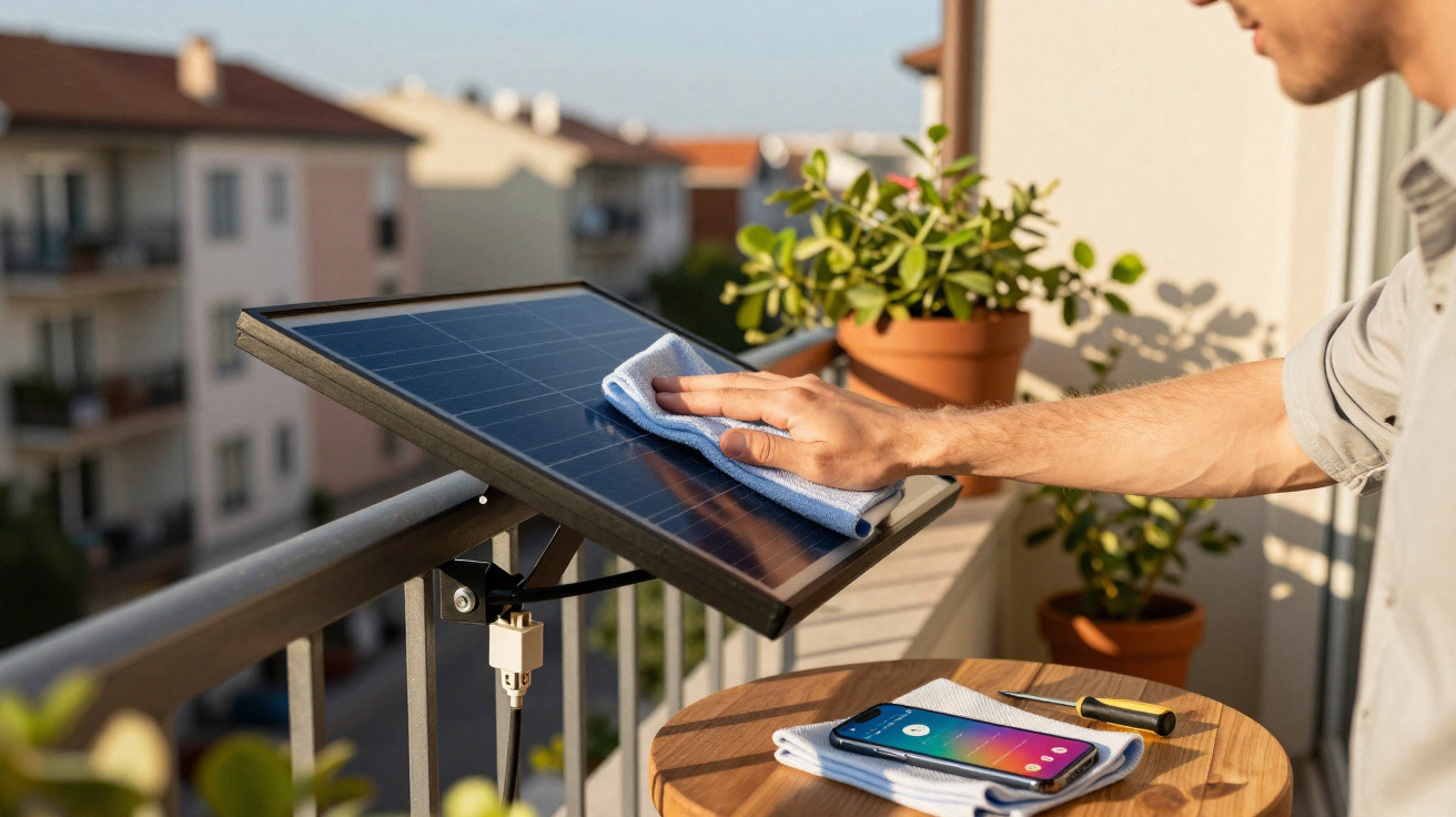 Pessoa limpando painel solar pequeno em sacada residencial com plantas e celular sobre mesa redonda.