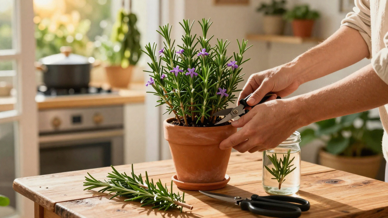 Mãos podando um vaso de alecrim com flores roxas em uma cozinha iluminada, com tesoura e jarro sobre a mesa de madeira.