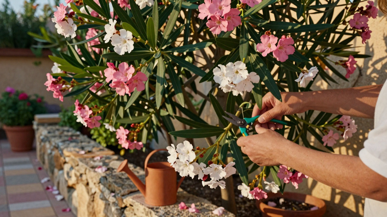 Pessoa podando flores brancas e rosas em arbusto perto de regador em jardim ao ar livre.
