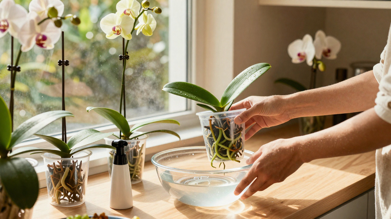 Mãos segurando orquídea em vaso de plástico transparente sobre bancada perto da janela, com outras orquídeas ao fundo.