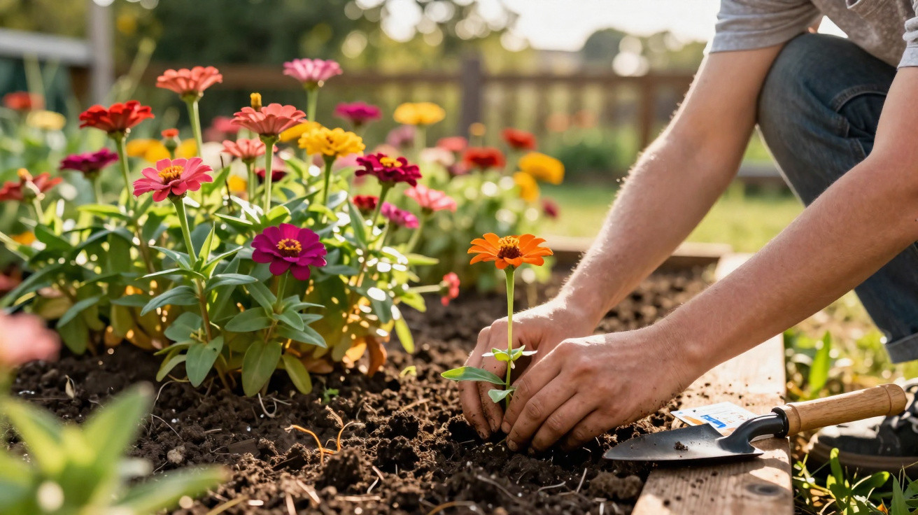 Pessoa plantando flores coloridas em jardim ensolarado, com pá de jardinagem ao lado.