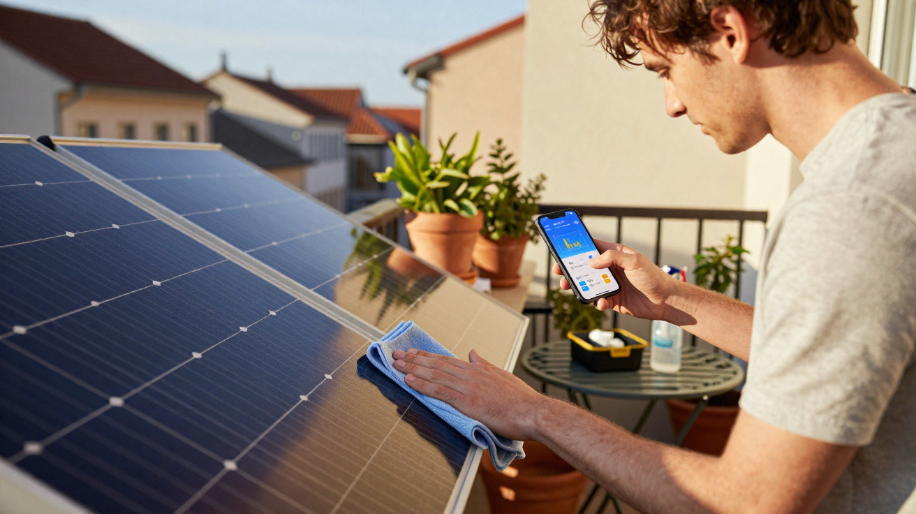 Homem limpando painéis solares com pano azul enquanto consulta dados em smartphone.