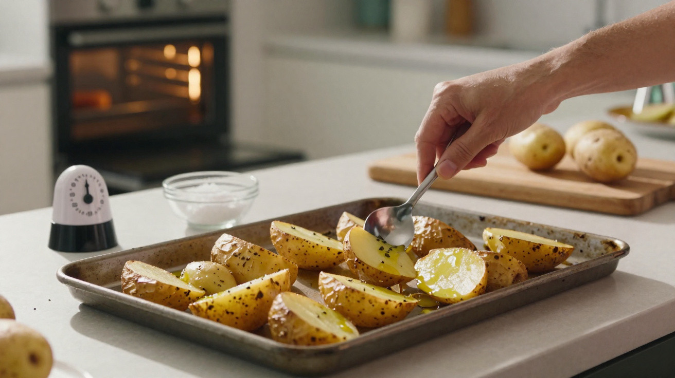 Pessoa tempera batatas cortadas em tabuleiro de forno na cozinha com temporizador ao fundo.