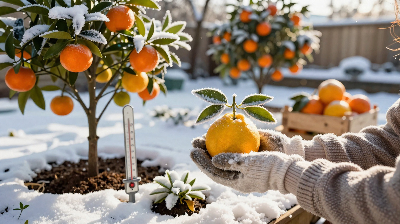 Pessoa de luvas segurando laranja congelada em árvore frutífera coberta de neve com termômetro mostrando baixa temperatura.