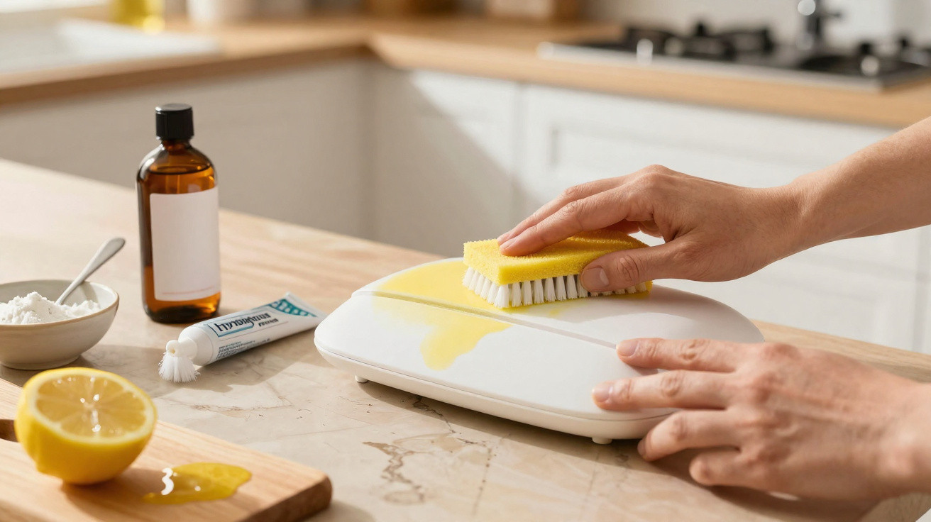Pessoa limpando balança de cozinha branca com esponja amarela na bancada com limão e ingredientes ao redor.