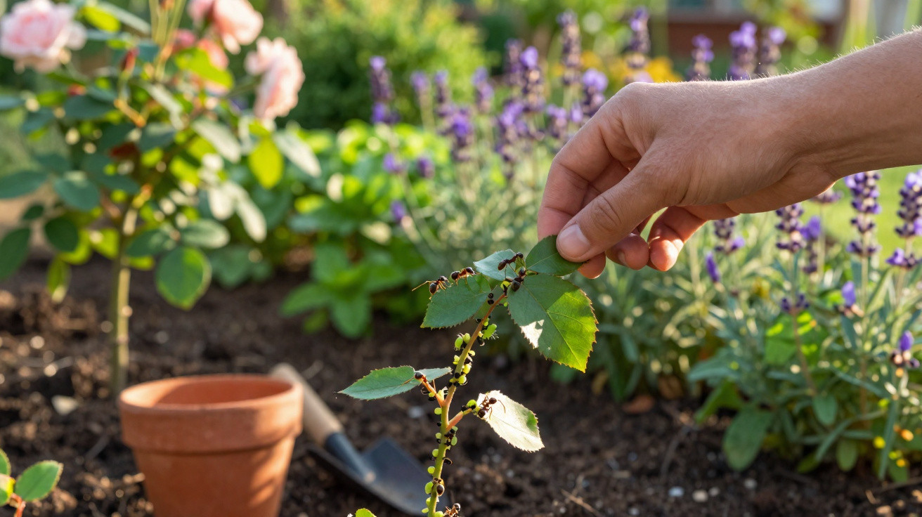 Mão removendo formigas de uma planta pequena em um jardim com flores e pote de barro ao fundo.