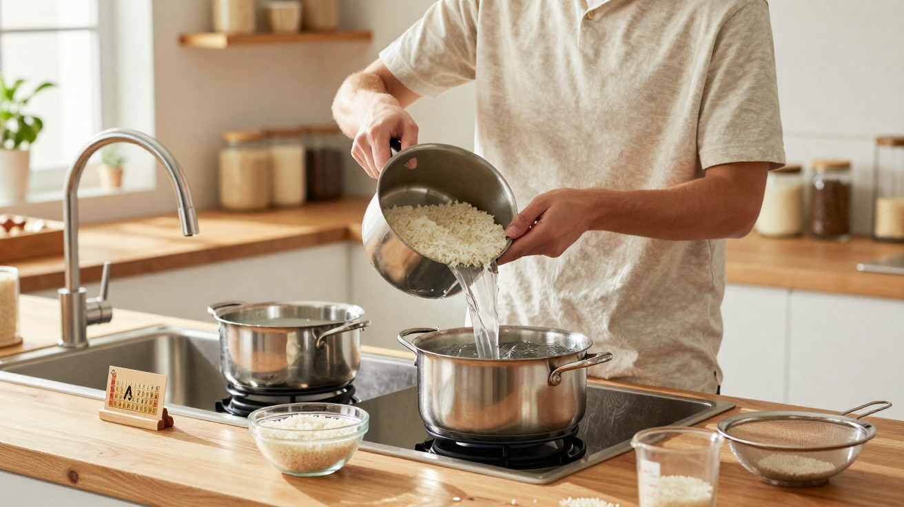 Pessoa despejando arroz e água em panela na cozinha moderna com utensílios e ingredientes ao redor.