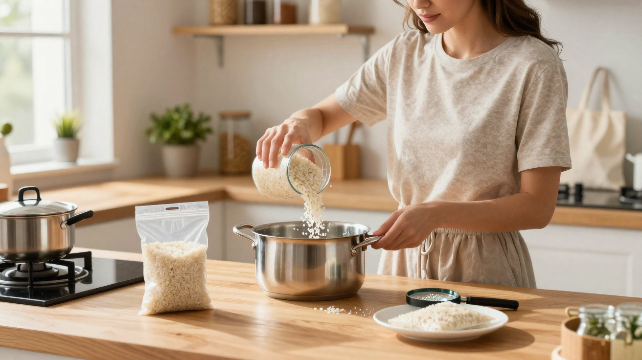 Mulher colocando arroz cru em panela de inox na bancada da cozinha clara e moderna.