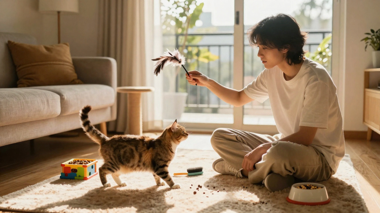 Pessoa brincando com gato usando brinquedo de pena em sala bem iluminada durante o dia.