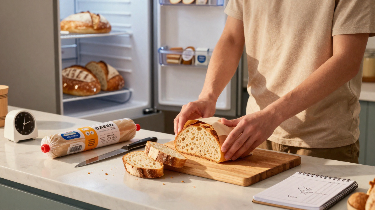 Pessoa cortando pão na cozinha com mesa organizada, pão dentro da geladeira ao fundo.