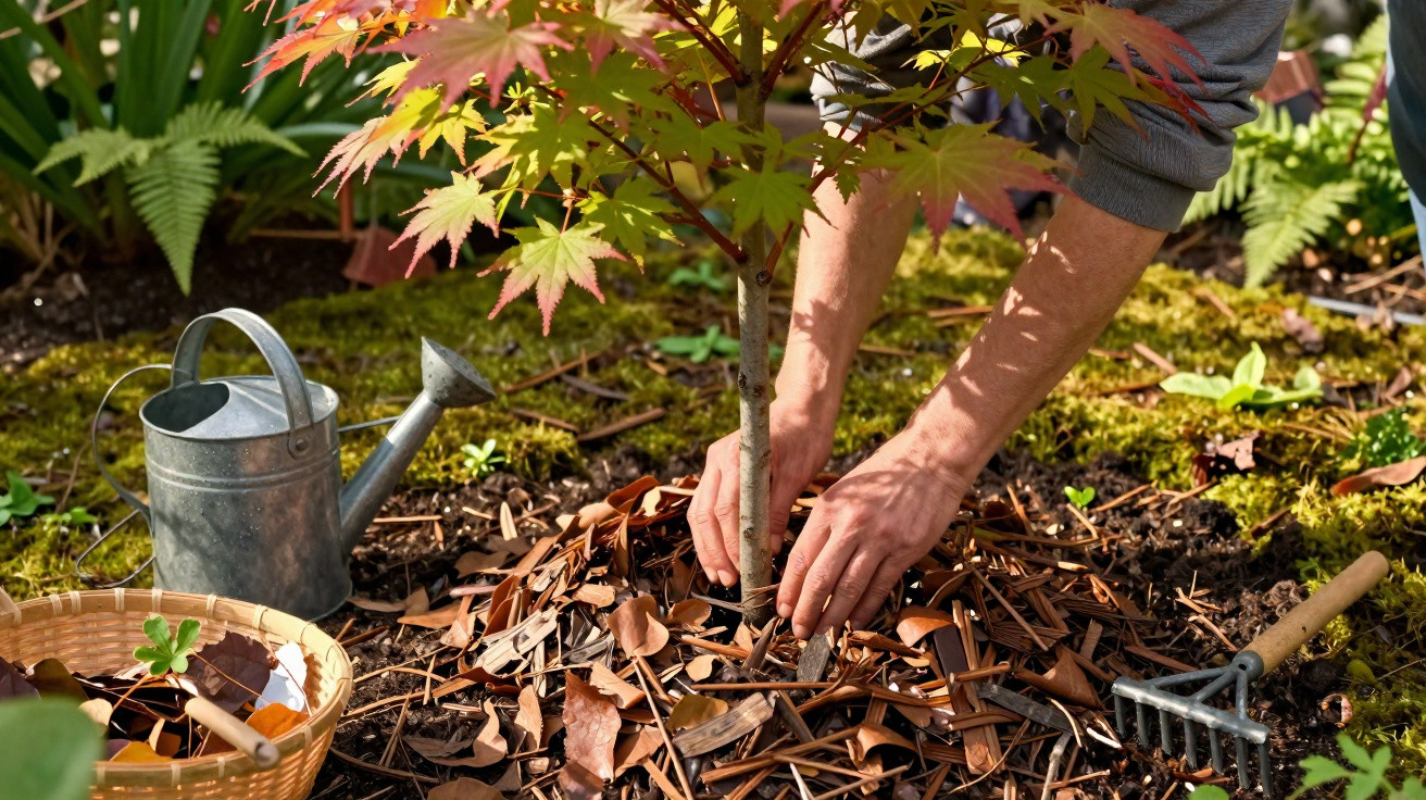 Pessoa cuidando de muda de árvore em jardim com regador, ancinho e cesta com folhas secas ao redor.