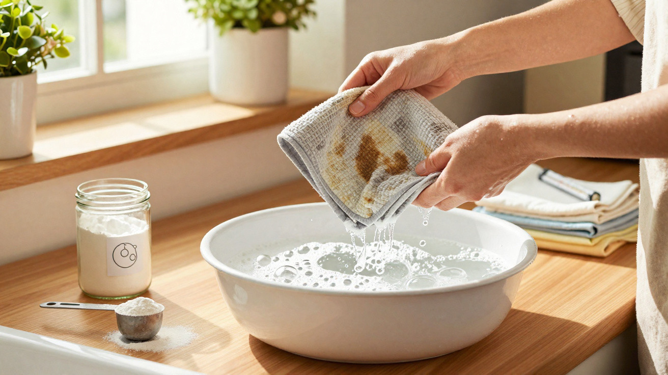 Mãos torcendo pano sujo sobre bacia branca com água e pó de limpeza em recipiente na mesa.