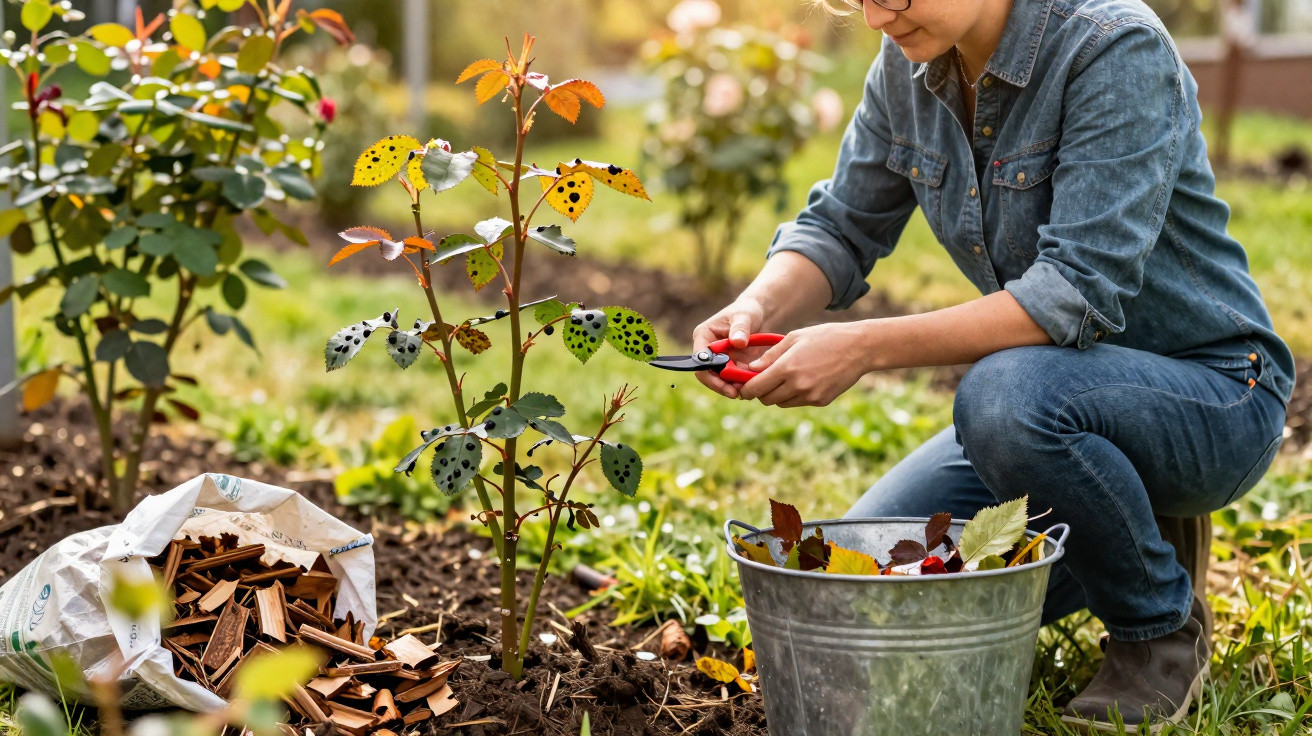 Mulher agachada podando planta com tesoura de jardinagem em canteiro ao ar livre durante o dia.