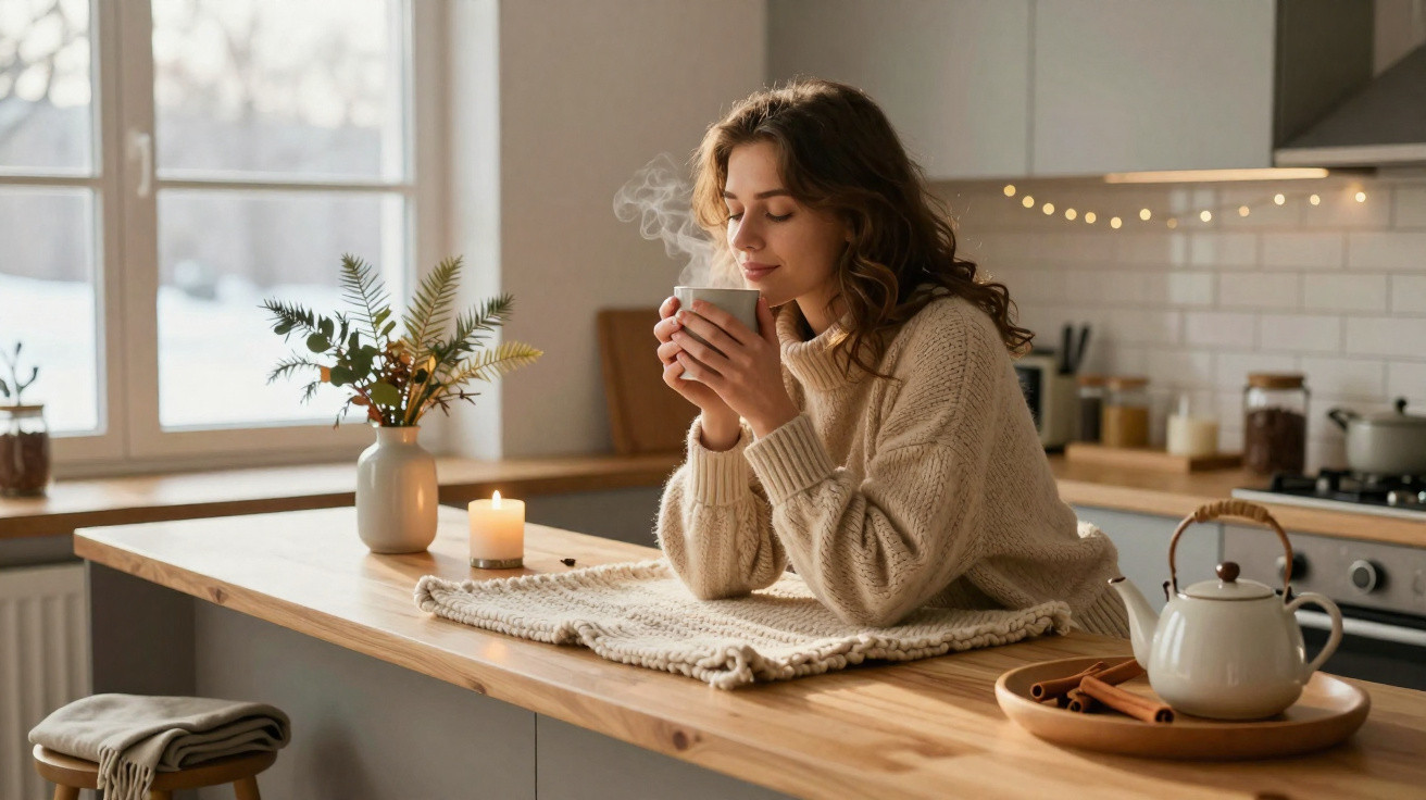 Mulher relaxando na cozinha tomando chá quente com olhos fechados, ambiente aconchegante com vela e plantas.