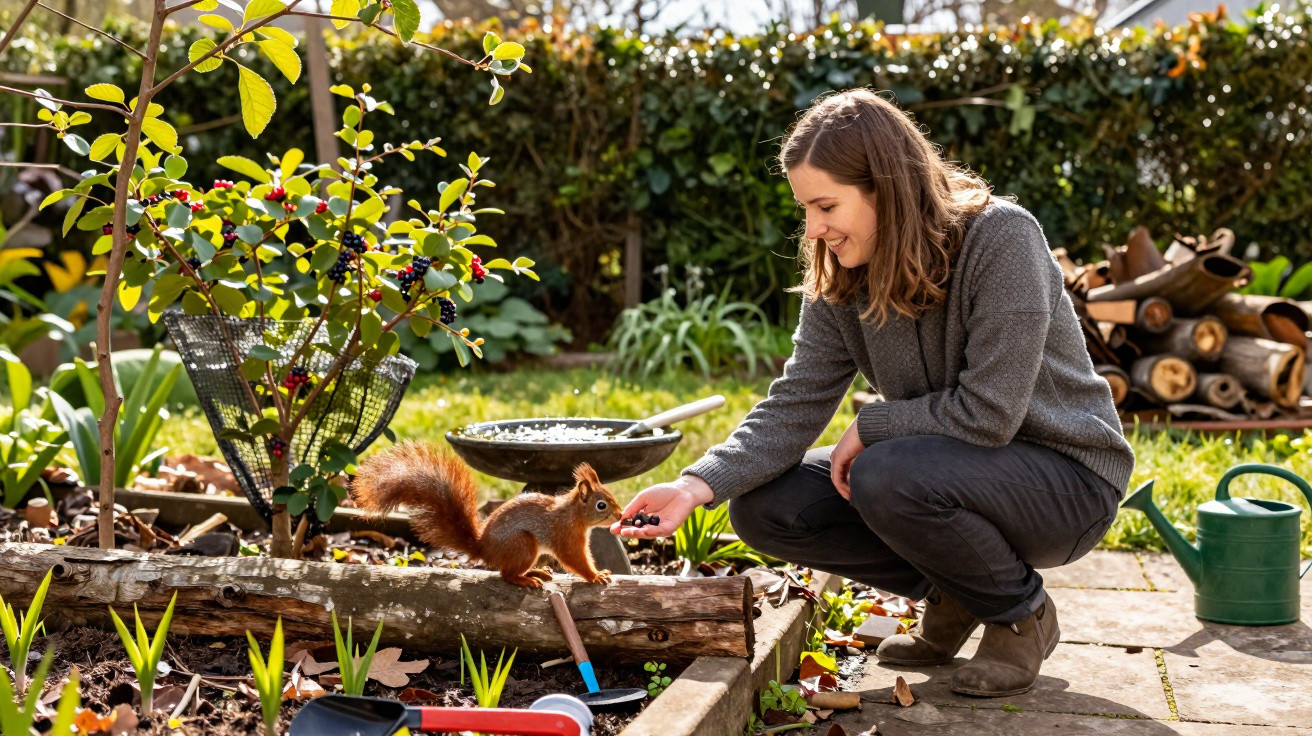 Mulher alimenta esquilo com frutas em jardim com plantas, regador e lenha ao fundo.