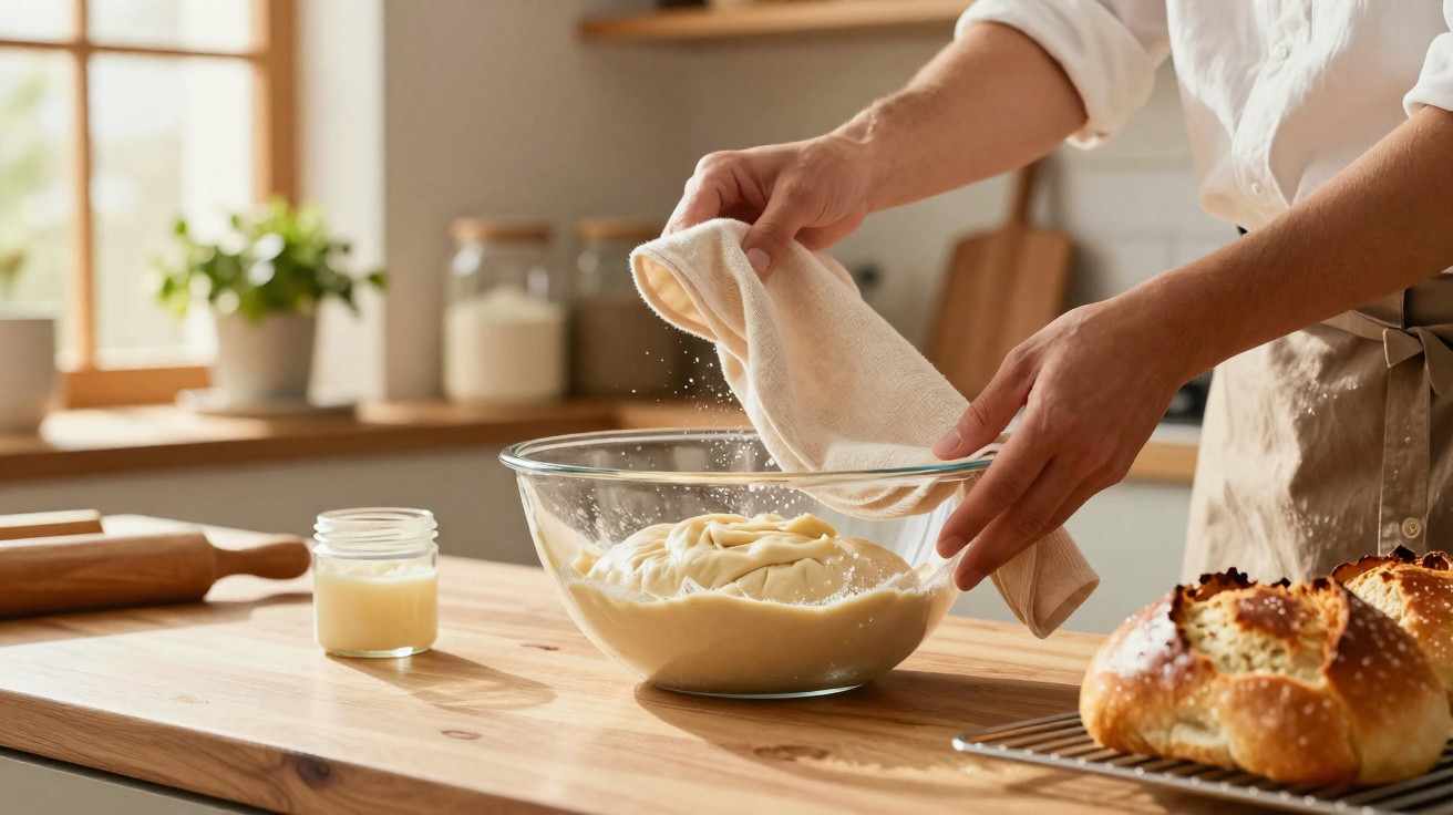 Mãos polvilhando farinha sobre massa em tigela de vidro, perto de pão assado na bancada da cozinha.
