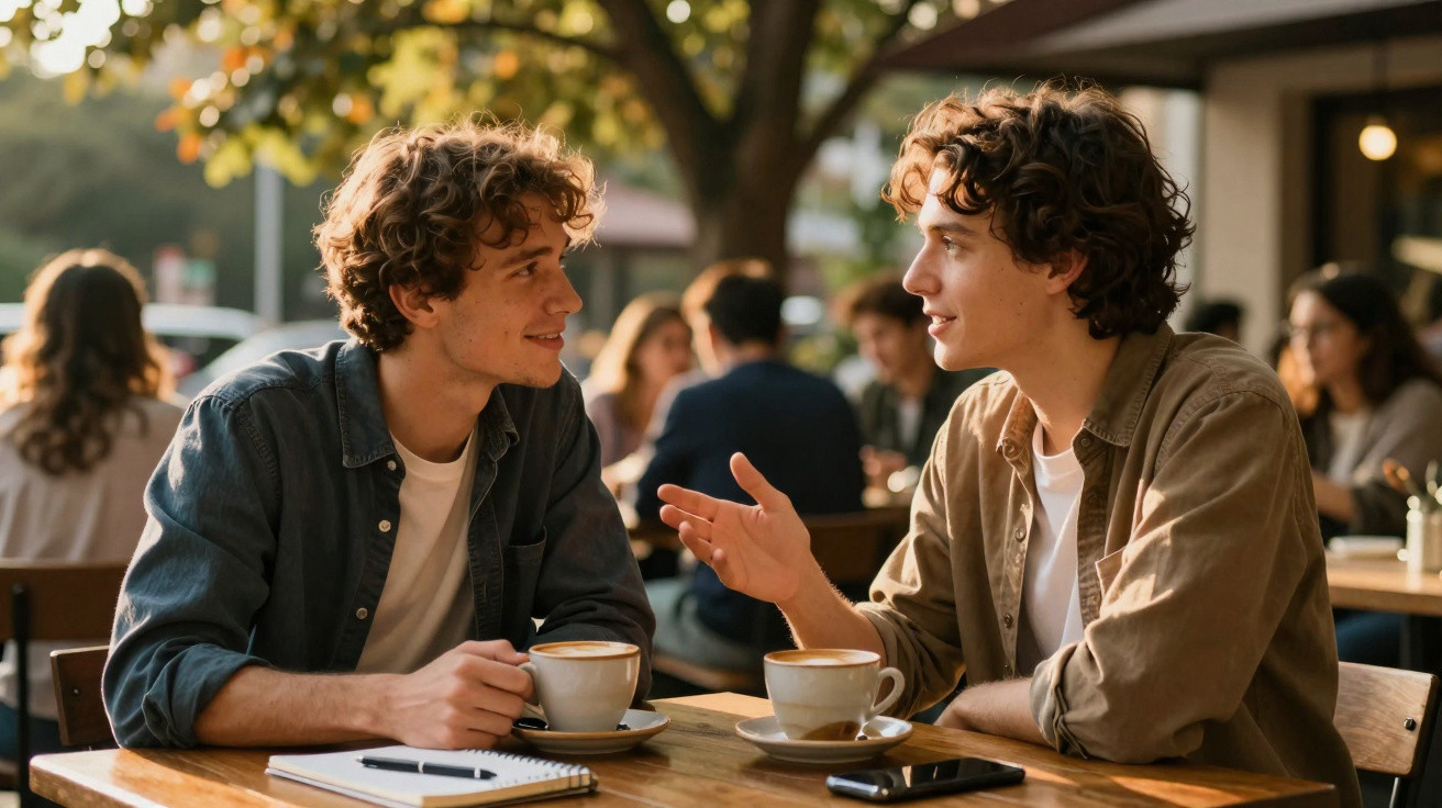 Dois jovens conversando e tomando café em uma cafeteria ao ar livre durante o dia.