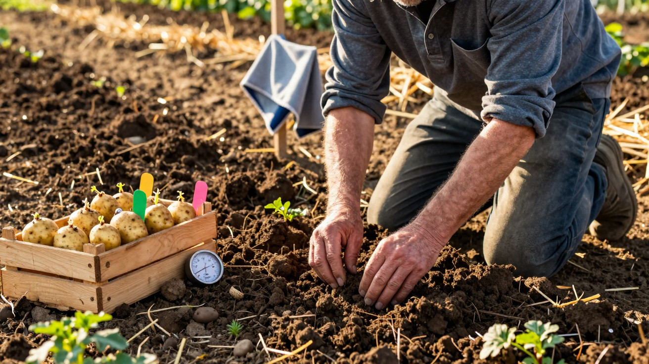 Homem plantando batata na terra de uma horta, com caixa de batatas ao lado e termômetro no solo.