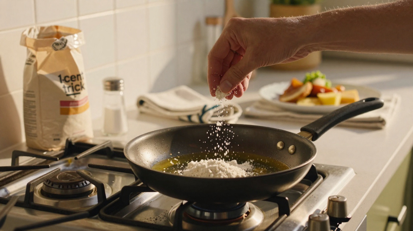 Mão adicionando sal em frigideira com óleo e farinha sobre fogão em cozinha doméstica.